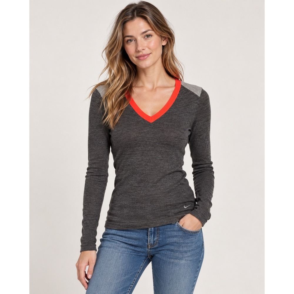 Nike Golf Women Merino Wool Blend V-Neck Sweater Grey Orange Small